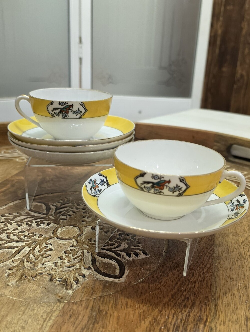 Vintage Meito China MEI143 Teacups Saucers Set Yellow Black Birds Ships Japan 6p